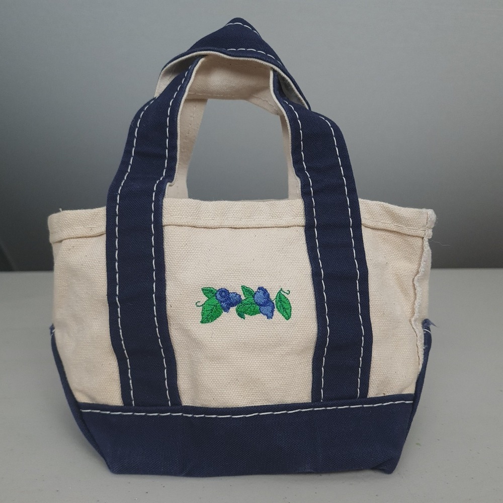 Vintage LL Bean Boat And Tote Mini Canvas Bag Beige Blue Blueberry Embroidered